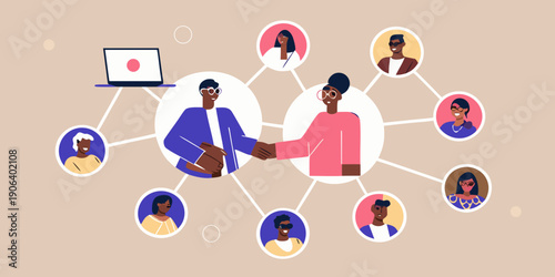 Diverse group connecting through technology illustrated with a central handshake