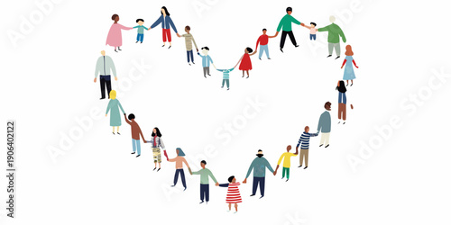 Diverse group of people forming a heart shape holding hands together