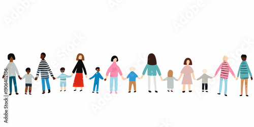 A diverse group of people holding hands in a line illustration