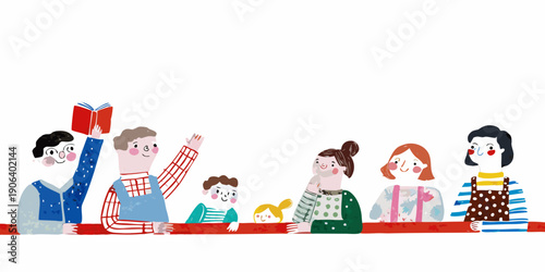 Diverse group of people attending a meeting or event illustrated style