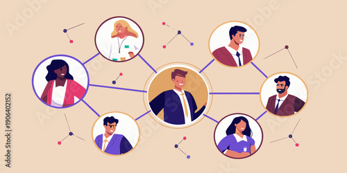 Diverse group of people connected by a network representing collaboration