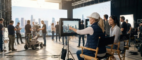 Professional Female Director and Asian Assistant Reviewing Footage on Monitor in Modern Film Studio Set with Cityscape LED Backdrop, Diverse Production Crew Working in High-Tech Cinematic Environment