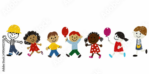 A colorful row of illustrated children holding balloons and smiling