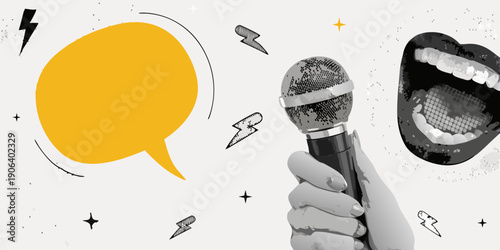 A hand holding a microphone with a speech bubble and open mouth