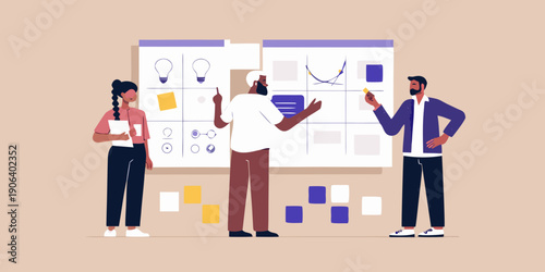 Team collaborating on a project using a wall calendar and sticky notes