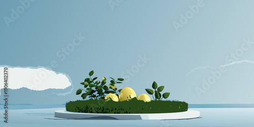 Minimalist island scene featuring lemons greenery and a calming blue background