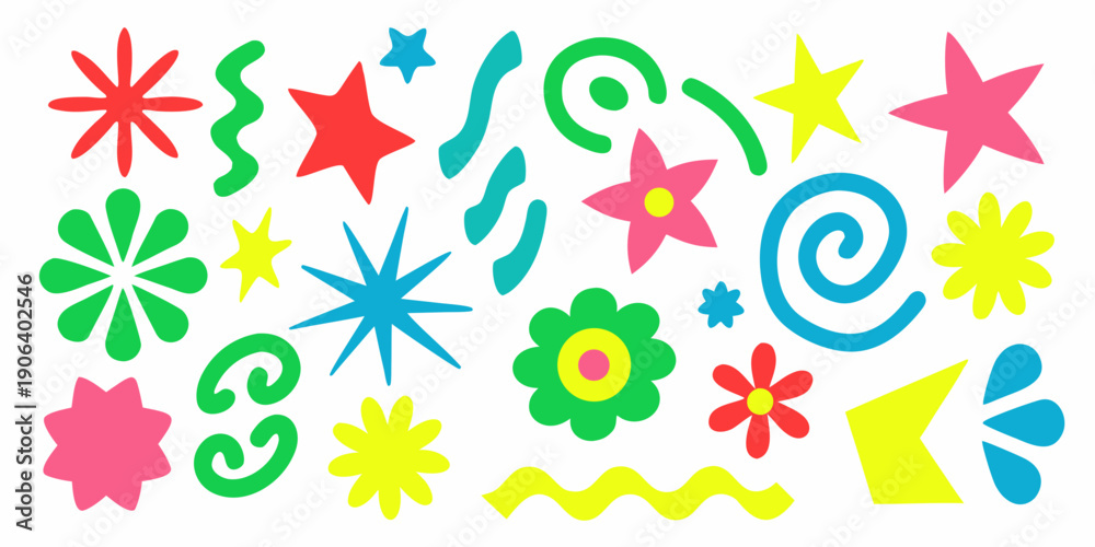 Fototapeta premium Colorful abstract shapes and floral designs scattered on a white background