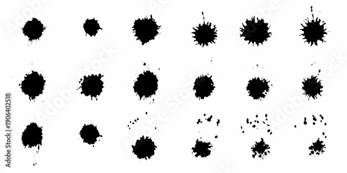Arrangement of irregular black ink blots on a white background