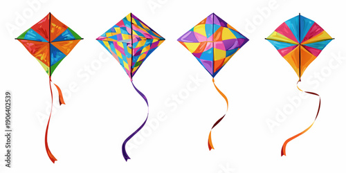 Four colorful diamond kites floating against a white background