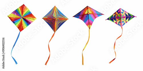 Four colorful kites displayed against a plain white background