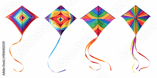 Four colorful diamond kites displayed against a white background