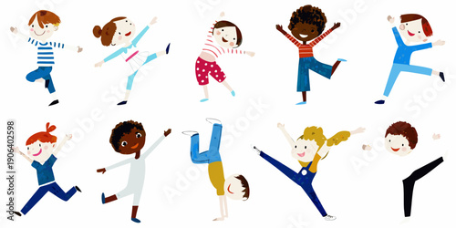 A group of diverse children joyfully jumping and playing together