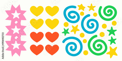Colorful assortment of shapes including hearts stars and spirals
