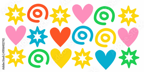 Colorful assortment of whimsical shapes including stars hearts and spirals