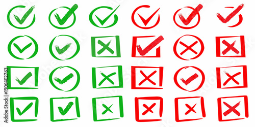 Collection of green and red checkmark and cross symbols in squares