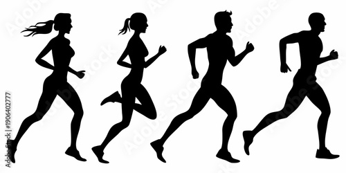 Silhouettes of four people running in a dynamic active pose