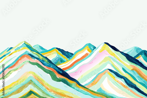 Abstract watercolor painting depicting colorful layered mountain peaks