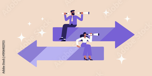 Business professionals using binoculars navigating forward and backward paths