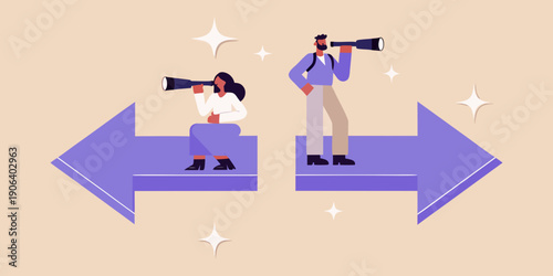 Two people looking through telescopes at opposite directions with arrow indications