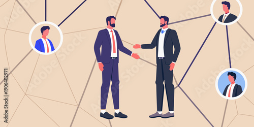 Business professionals shaking hands connected by a network of colleagues