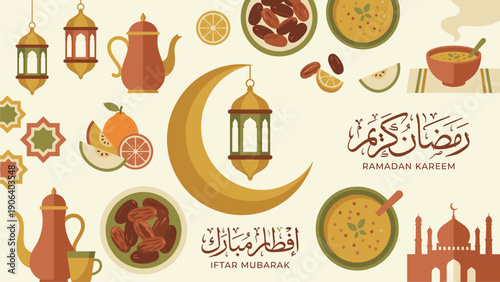 Ramadan Kareem Iftar Mubarak Food Icons & Lanterns - Islamic Holiday Celebration Graphics