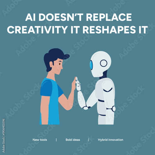 Human and AI high-fiving, illustrating that AI doesn't replace creativity but reshapes it, fostering new tools, bold ideas, and hybrid innovation.