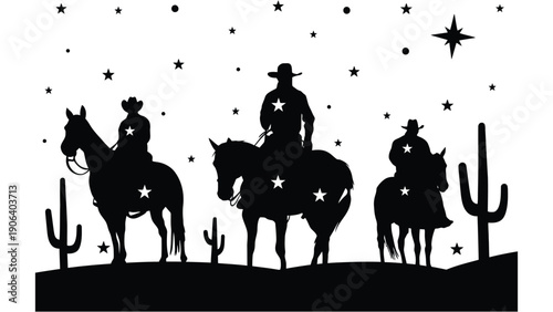 A group of cowboys riding horses under a starry night sky