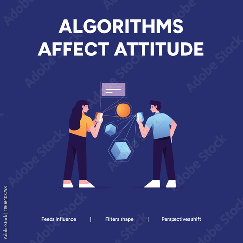 People interacting with technology displaying abstract shapes, illustrating how algorithms affect attitude, influencing feeds, shaping filters, and shifting perspectives.