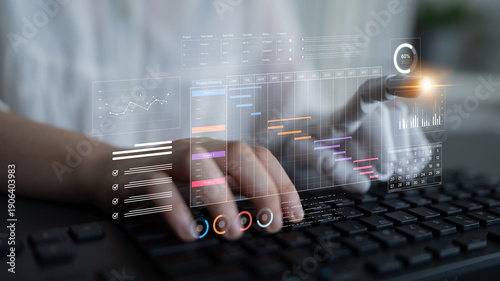 Фотография An AI assistant manages a project dashboard, automating task scheduling with a Gantt chart