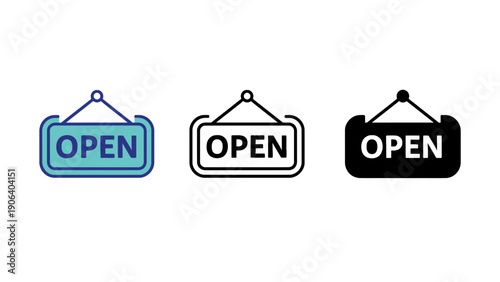 Three open sign icons in different colors on a white background
