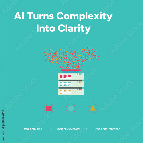 AI transforms complex data into clear insights with servers and colorful particles, illustrating data simplification and improved decisions.