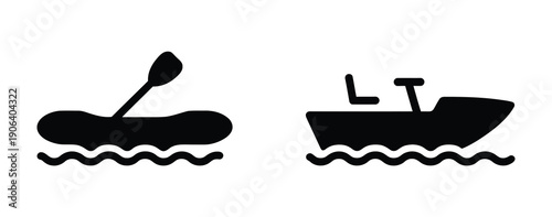 Inflatable boat icons, vector illustrations featuring paddle and motor options, ideal for boating