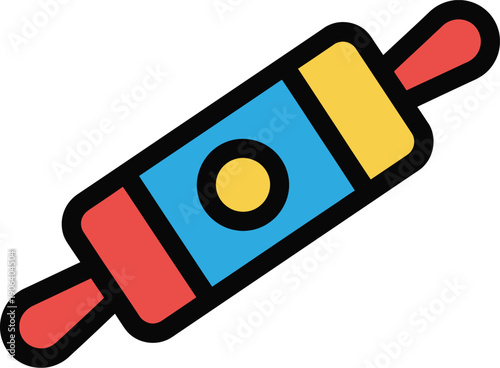 A colorful cartoon illustration of a rolling pin with a blue body and yellow accents