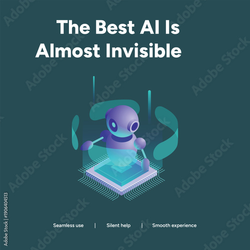 Friendly purple robot on a futuristic circuit board represents invisible AI, signifying seamless use and smooth user experiences.