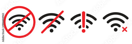 Wifi problem icon set. Disconnect Wireless network symbol collection. No Wi-fi and internet signal. lost internet connection sign