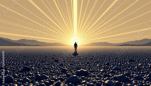 Solitary Figure Sunrise Vast Pebbled Landscape