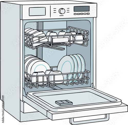 Open Dishwasher with Plates and Cups Inside, Kitchen Appliance Line Art Vector Illustration in Minimal Flat Style