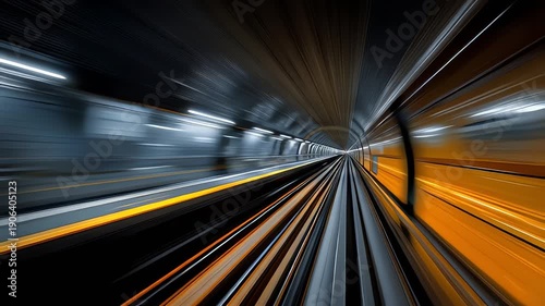 Blurry motion of a train traveling at high speed through a brightly lit tunnel.