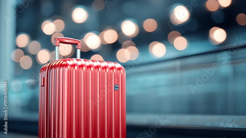 A close-up shot of a vibrant red suitcase with a telescopic handle, set against a blurred background of bokeh lights.