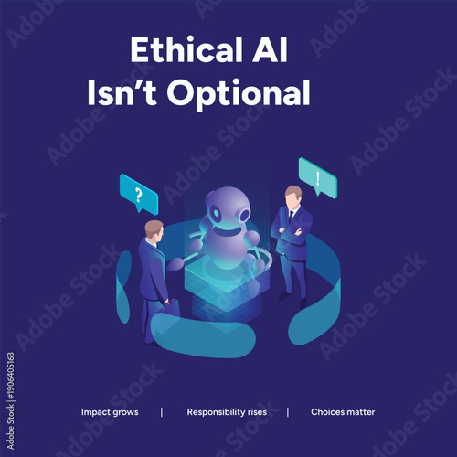 Business people and a robot in a glowing enclosure discuss questions, representing ethical AI, responsibility, and the growing impact of choices.