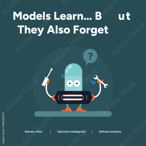 A confused robot with tools suggests AI models learn but also forget, requiring retraining and system refresh for optimal performance.