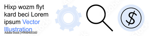 Technology tools, financial systems, analysis, business solutions, data search, process optimization. Gear wheel, magnifying glass and dollar symbol on white. Technology tools and financial systems