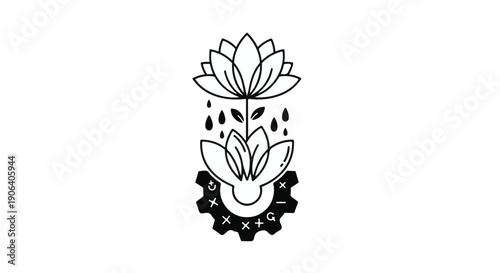 Abstract illustration of a growing lotus flower emerging from a gear, symbolizing nature and technology harmony.