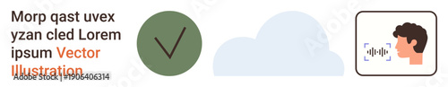 Technology, cloud computing, security, voice recognition, communication, data verification. Circular checkmark, cloud and profile with sound waves. Technology and cloud computing focus