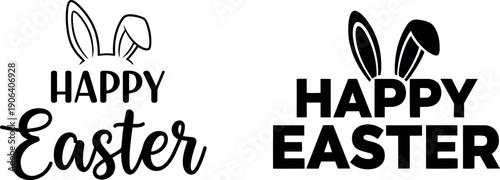 Happy Easter text with bunny ears design elements for holiday celebration on transparent background
