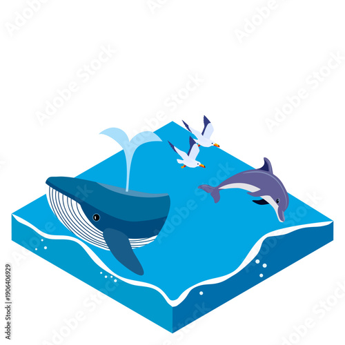 クジラとイルカが泳ぐ海のアイソメトリックイラスト