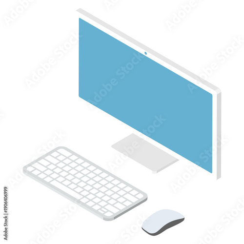 白いデスクトップパソコンとキーボードのアイソメトリックイラスト