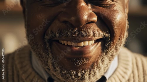 Authentic portrait of a joyful senior African American man with a gray beard smiling sincerely