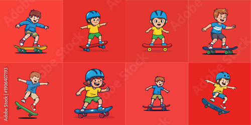 Illustration set Cartoon child playing skateboard red background