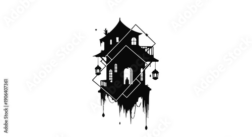Mysterious silhouette of a haunted house with geometric shapes and lanterns on a white background.